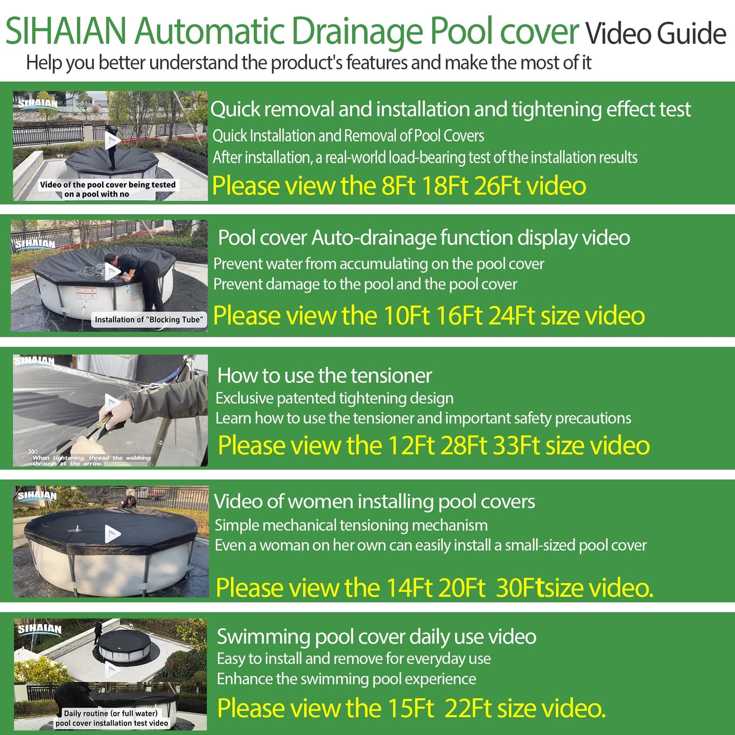SIHAIAN 14 Ft Round Pool Cover, with Automatic Drain Pool Cover, Patented One-Piece Tensioning System Above Ground Pool Cover, Preventing Waterlogging, Yarn-Dyed Oxford Fabric Solar Pool Cover