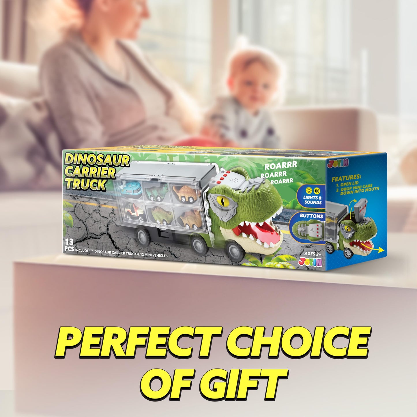 JOYIN 13 in 1 Dinosaur Toys for Kids 3-5, Dinosaur Truck with 12 Pull Back Cars, Birthday Gifts Toys for 3 4 5+ Year Old Boy, Transport Carrier Truck for Toddlers, Christmas Great Gifts for Grandkids