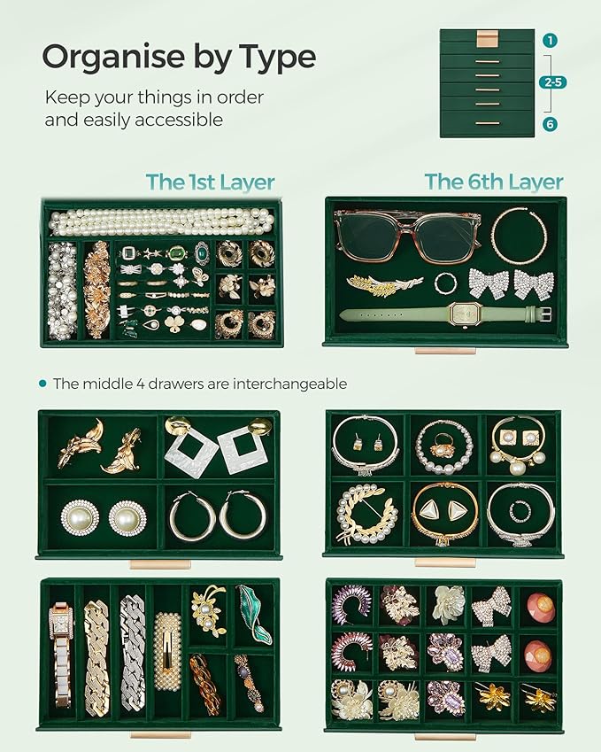 SONGMICS GISELLA Collection - Jewelry Box Organizer, 6-Layer Jewelry Storage with 5 Drawers, Shiny Metal Hardware, Glass Lid, Modern, 6.4 x 9.9 x 11.4 Inches, Forest Green and Gold Color UJBC171C01