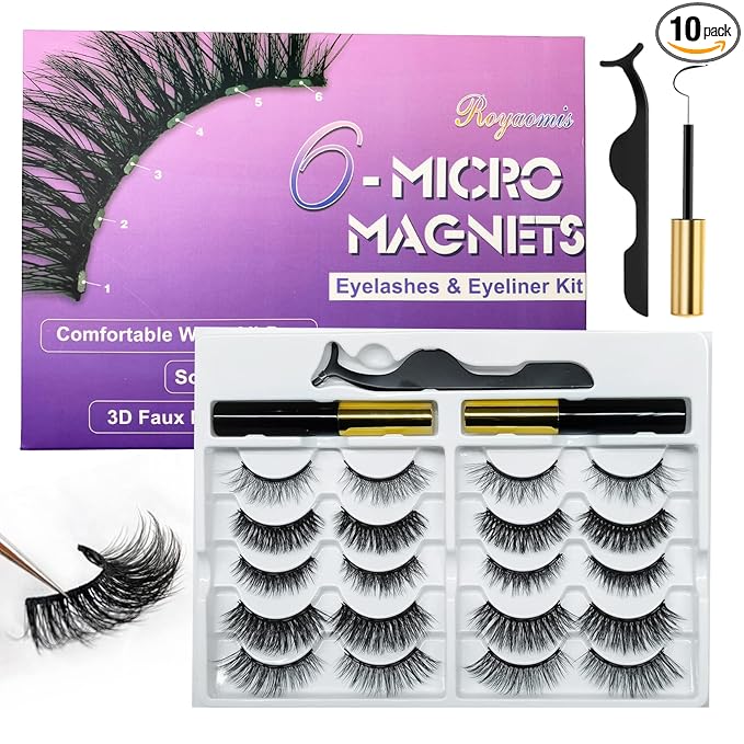 Royaomis 10 Pairs Magnetic Eyelashes with Eyeliner, Magnetic Lashes Natural Looking, Magnetic Eyelash Kit,Latest Six Magnets, With 3D 5D Reusable False Lashes, Easy to Wear, No Glue Needed