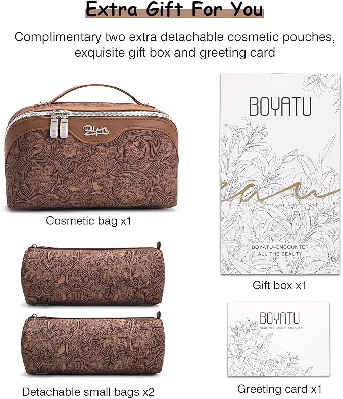 BOYATU Travel Makeup Bags Cosmetic Organizer Bag: 3 Pcs Set Large Capacity Floral Make up Bag with Compartments - Waterproof Leather Toiletry Bags with Handle for Women (19-Brown)