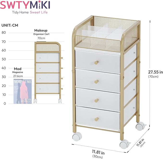 SWTYMIKI Rolling Makeup Organizer Cart - Under Desk Vanity Makeup Storage with 4 Non-woven Drawers, Nail Cart Organizer Cosmetic Display Cases Cabinet for Skin Care Perfume Nail Polish Brush Hair Tool