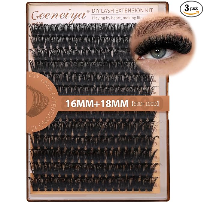 Geeneiya Volume Lash Clusters Kit DIY Lash Extension Kit D Curl Eyelash Extensions with Waterproof Lash Bond and Seal Waterproof Tweezers,Only 16-18MM, 80D+100D