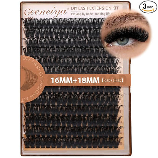 Geeneiya Volume Lash Clusters Kit DIY Lash Extension Kit D Curl Eyelash Extensions with Waterproof Lash Bond and Seal Waterproof Tweezers,Only 16-18MM, 80D+100D