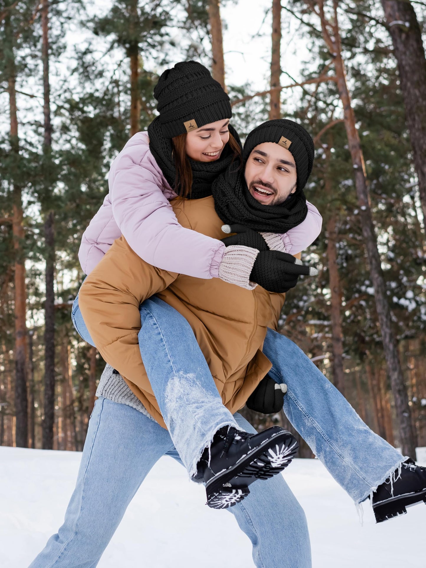 LOROME Winter Beanie Hat Scarf Gloves, Warm Fleece Knit Winter Hats Touch Screen Gloves Neck Scarf Set Winter Gifts for Women Men