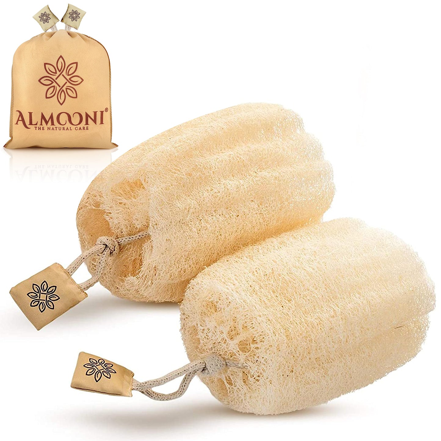 Almooni Natural Loofah Exfoliating Body Scrubber for Men and Women, Real Round Egyptian Loofah Sponge with Consistent Scrub Texture, Large Natural Shower Sponge for Body Exfoliation, 2-Count
