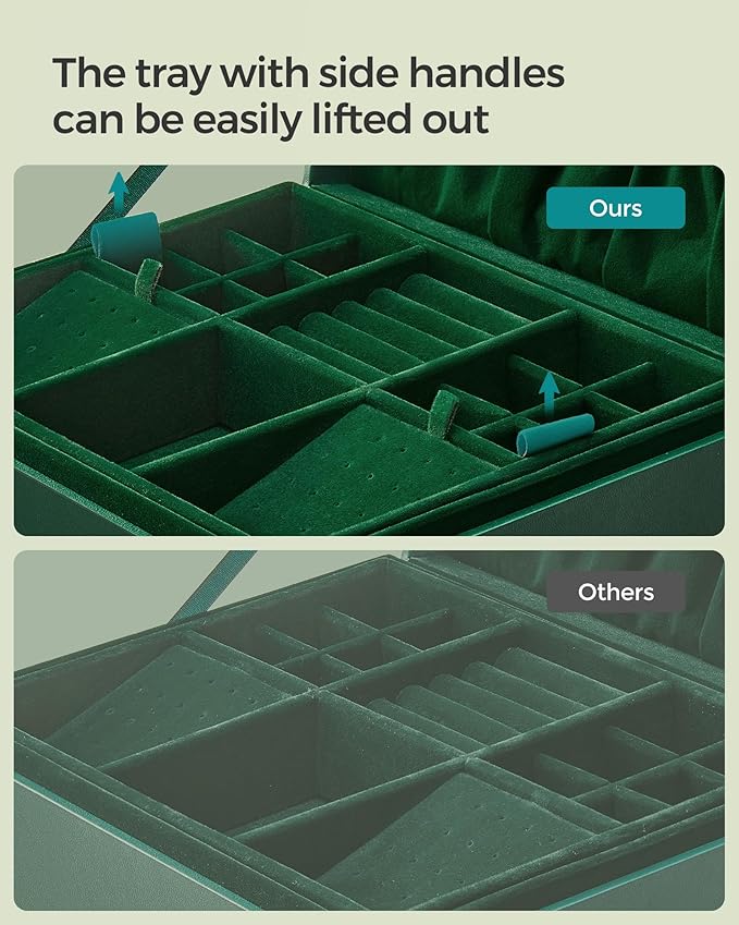 SONGMICS 2-Layer Jewelry Box, Jewelry Organizer with Handle, Removable Jewelry Tray, Jewelry Storage, Floating Effect, 8.1 x 9.4 x 4.3 Inches, Gift Idea, Forest Green UJBC165C01