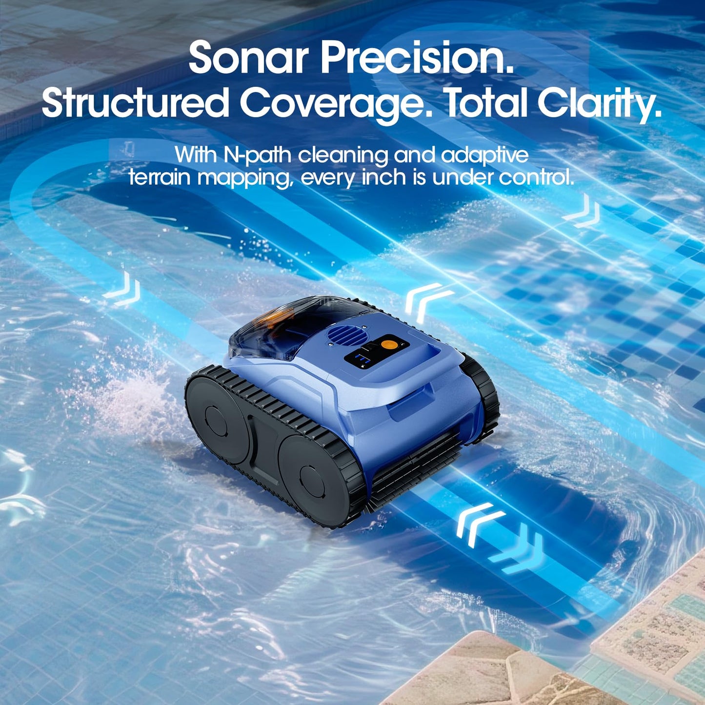 Cordless Robotic Pool Vacuum, Pool Cleaner with Track Drive & Sonar Navigation, 180W Brushless Motor, Wall & Waterline Climbing, 150-Min Runtime, for Inground Above-Ground 2150 Sq. Ft. (Navy Blue)