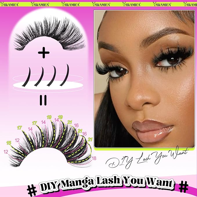 Yawamica 100D Volume Lash Clusters 12-20mm with 15-21mm Spike Individual Lashes DIY Manga Lashes Clusters D Curly Wispy Eyelash Clusters Fairy Cluster Eyelash Extensions 280pcs (Black)