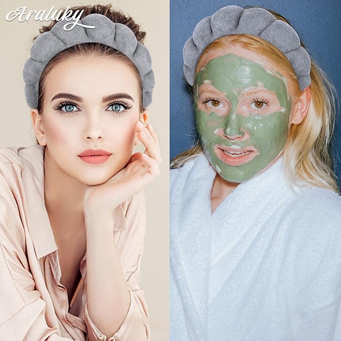 Women's Spa Terry Cloth Headband for Face Washing, Makeup Removal and Hair Care (Grey)