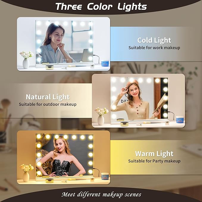 Vanity Mirror with Lights Lighted Makeup Mirror with 15 Dimmable LED Bulbs,3 Color Lighting Modes,USB Charging Port Touch Control,Sturdy Metal Frame Design,White