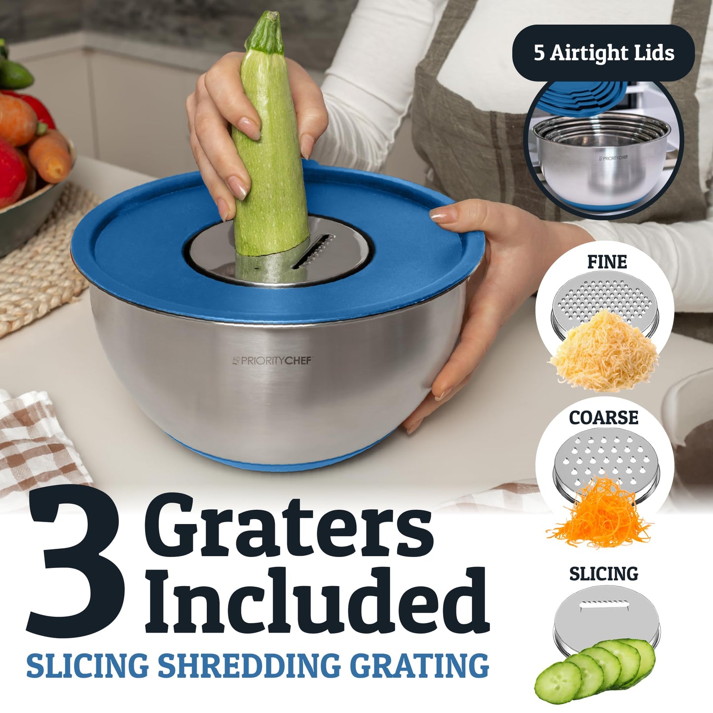 Priority Chef Stainless Steel Mixing Bowls with Lids Set, 3 Grater Attachments, Airtight Lids, Non-Slip Silicone Base Mixing Bowl Set, Large Prep Metal Mixing Bowls for Kitchen, Blue