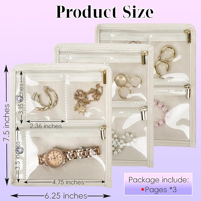 Travel Jewelry Organizer Case, Jewelry Bags Jewelry Storage Book Binder with Clear Zipper Velvet Pouch for Traveling,Earrings, Rings, Necklace, Bracelet (Inner Pages,Beige,3 PCS)