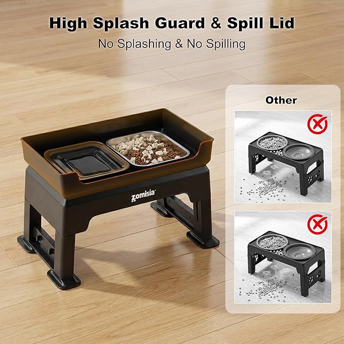 3-in-1 Elevated Dog Bowls Dual Layer - Mess Proof 6 Heights Adjustable Raised Dog Bowl Stand 6"-16", with 2L No Spill Stainless Steel Water Bowls, Slow Feeder Plate for Medium, Large Pets