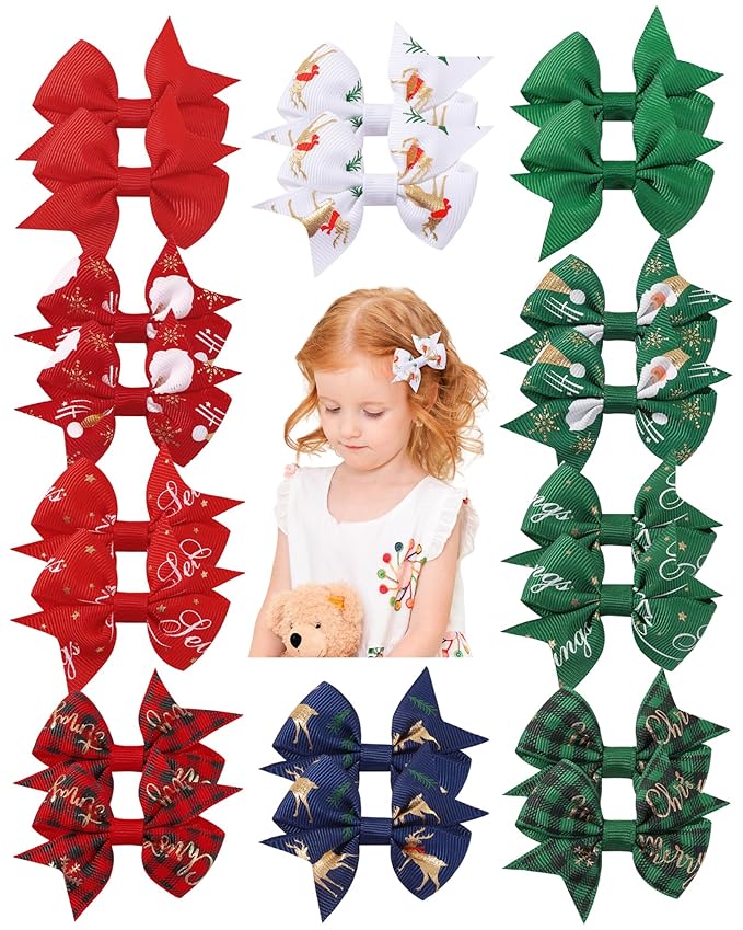 doboi 20PCS 2.4'' Baby Hair Clips Small Bows Fully Lined Grosgrain Boutique Solid Ribbon Small Bows for Girls Teens Infants Kids Toddlers Newborn (CHRISTMAS)