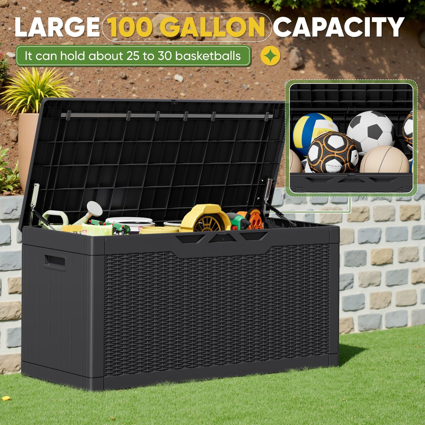 Greesum Outdoor Storage Box 100 Gallon Storage Bin with Lid for Patio Furniture, Garden Tools, Pool Supplies, Lockable, Waterproof and UV Resistant, Black