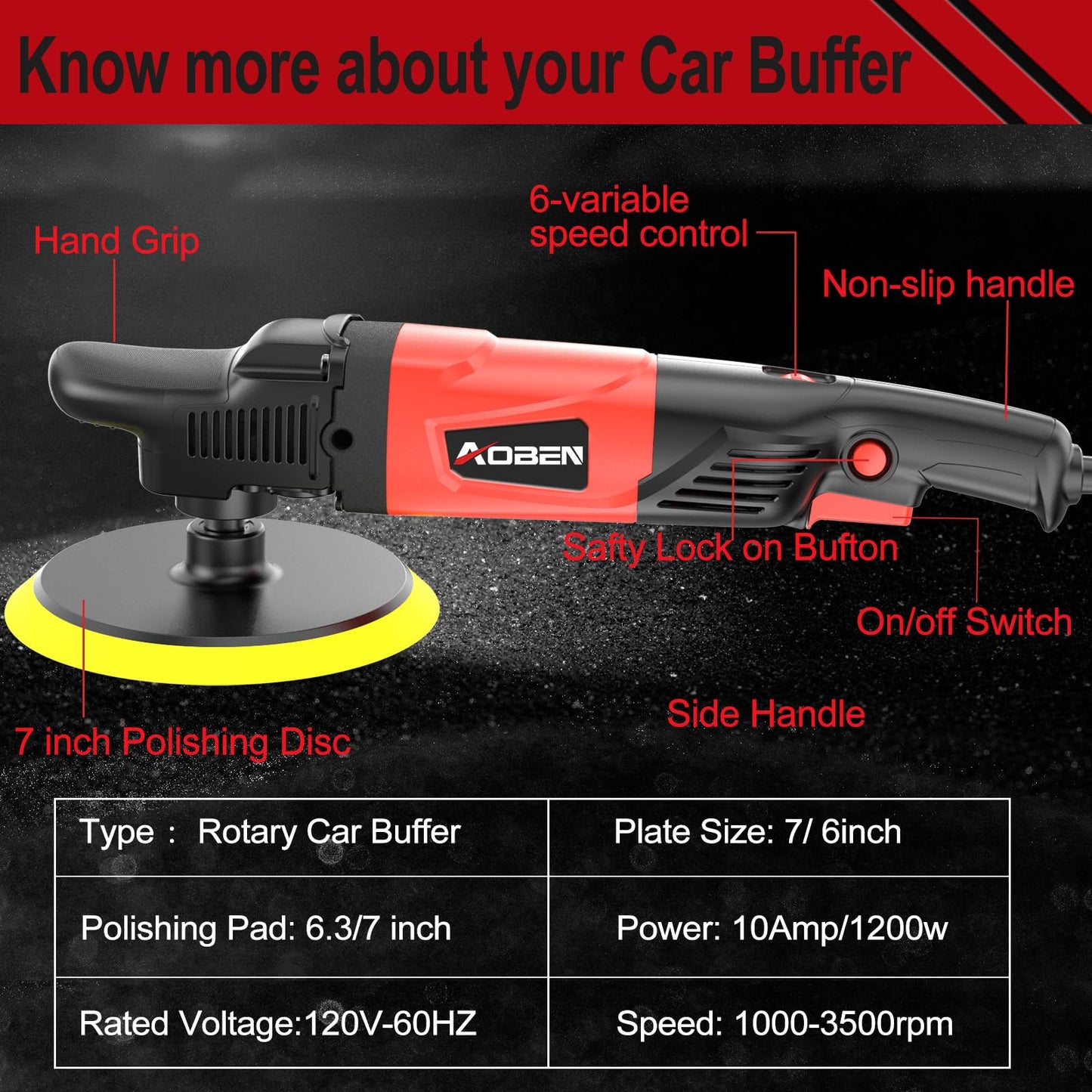 AOBEN Rotary Buffer Polisher,1200W 6-inch/ 7-inch Car Buffer,Car Polisher Waxer Kit with 6 Variable Speed 1000-3500RPM & 4 Polishing Pads,Detachable Handle for Boat,Car Polishing and Waxing