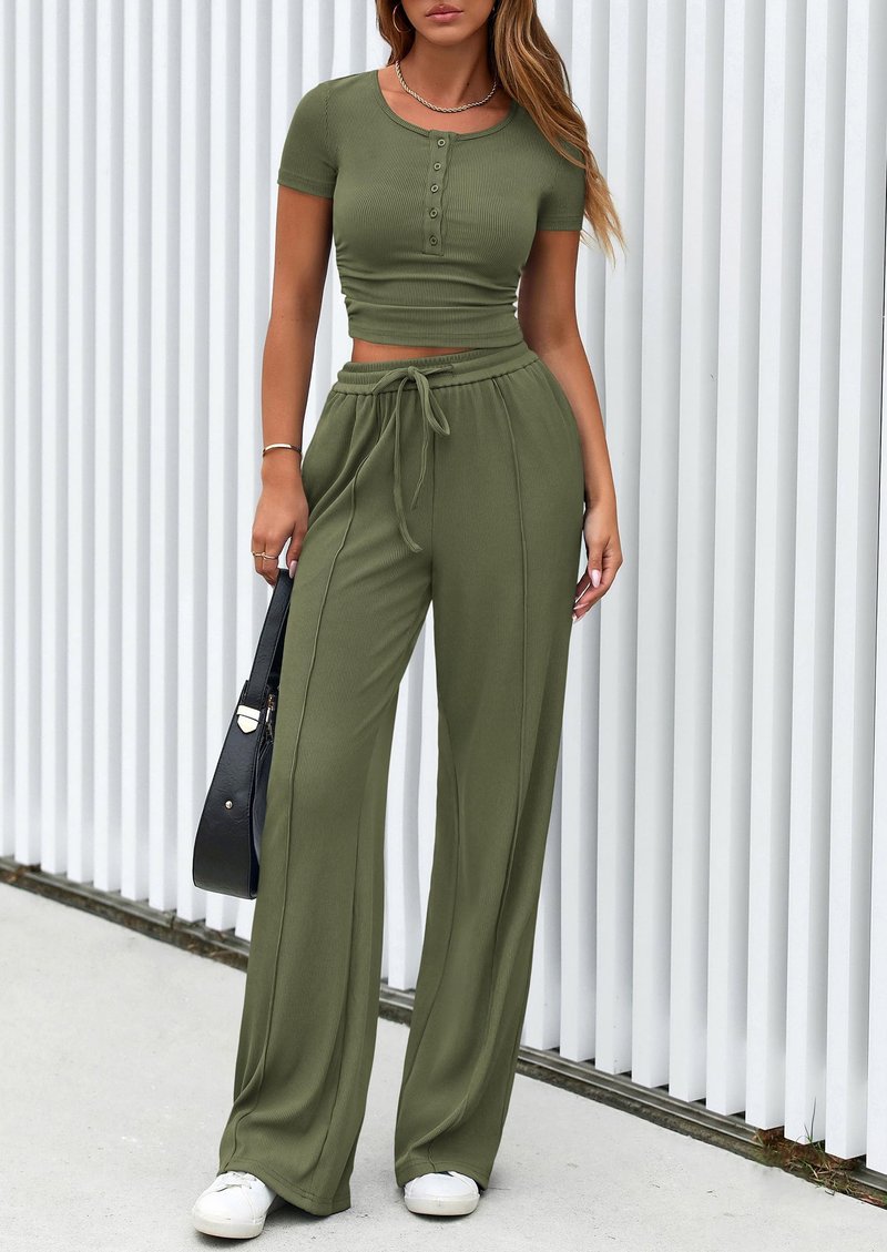 PRETTYGARDEN Womens 2 Piece Outfits Summer 2026 Ribbed Knit Button Short Sleeve Tops Casual Wide Leg Pants Lounge Sets