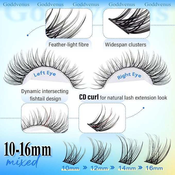 Goddvenus Wispy Lash Clusters Natural Lashes Clusters Wispy Eyelash Clusters CD Curl Cluster Eyelash Extensions DIY Individual Lashes Invisible Band Lash Extension Fluffy Eyelashes Clusters