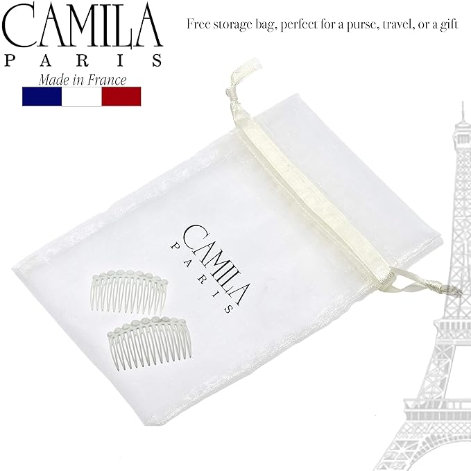 Camila Paris CP2900/2 French Hair Side Comb Small Rounded, White French Twist Hair Combs Decorative, Strong Hold Hair Clips for Women Bun Chignon Up-Do Styling Girls Hair Accessories, Made in France