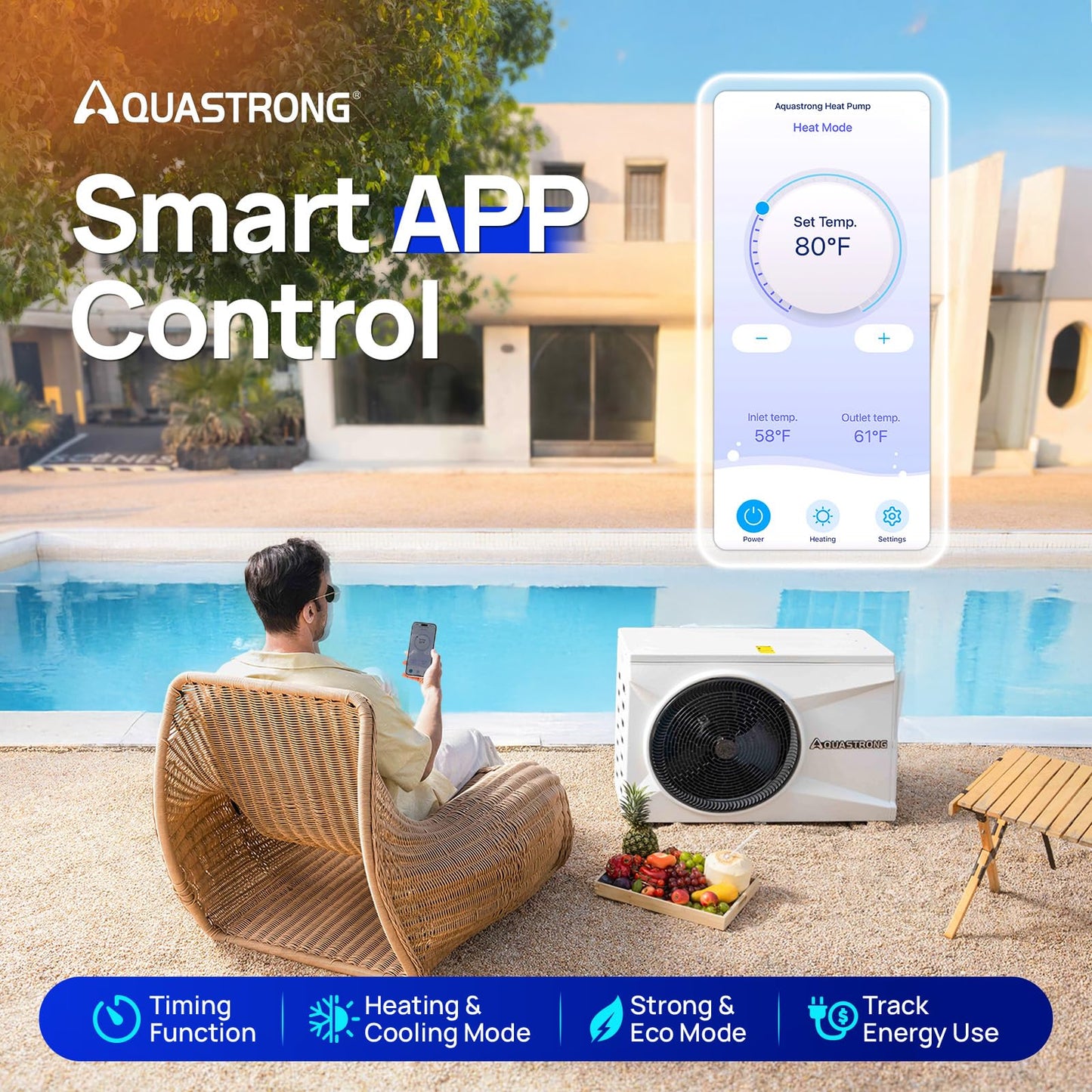 AQUASTRONG Inverter Swimming Pool Heat Pump,Pool Heater for Above Ground and Inground Pool Heating Smart WiFi Control and Cooling Pool Heater Pools Up to, 16000 Gallons