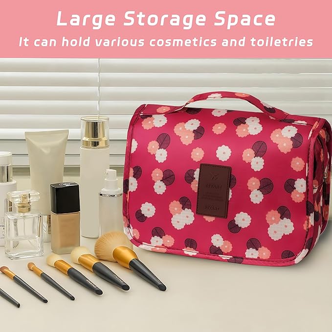 Toiletry Bag Travel Bag with Hanging Hook, Waterproof Capacity Hanging Multifunctional Makeup Bag for Toiletries, Portable Cosmetic Bag Travel Organizer for Women and Men(Wine Red FLower)