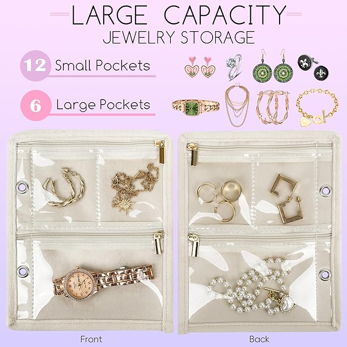 Travel Jewelry Organizer Case, Jewelry Bags Jewelry Storage Book Binder with Clear Zipper Velvet Pouch for Traveling,Earrings, Rings, Necklace, Bracelet (Inner Pages,Beige,3 PCS)