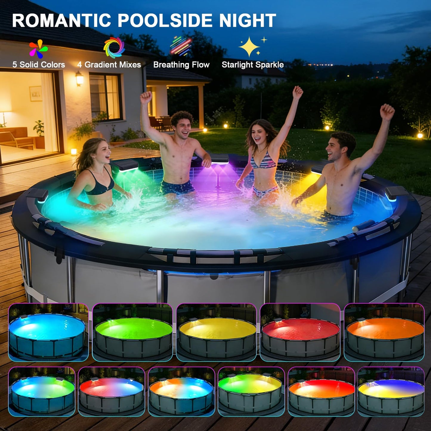 8Packs Solar Pool Lights for Above Ground & In-Ground Pools, 11 Lighting Modes, RGB Outdoor Waterproof Swimming Pools Night Light