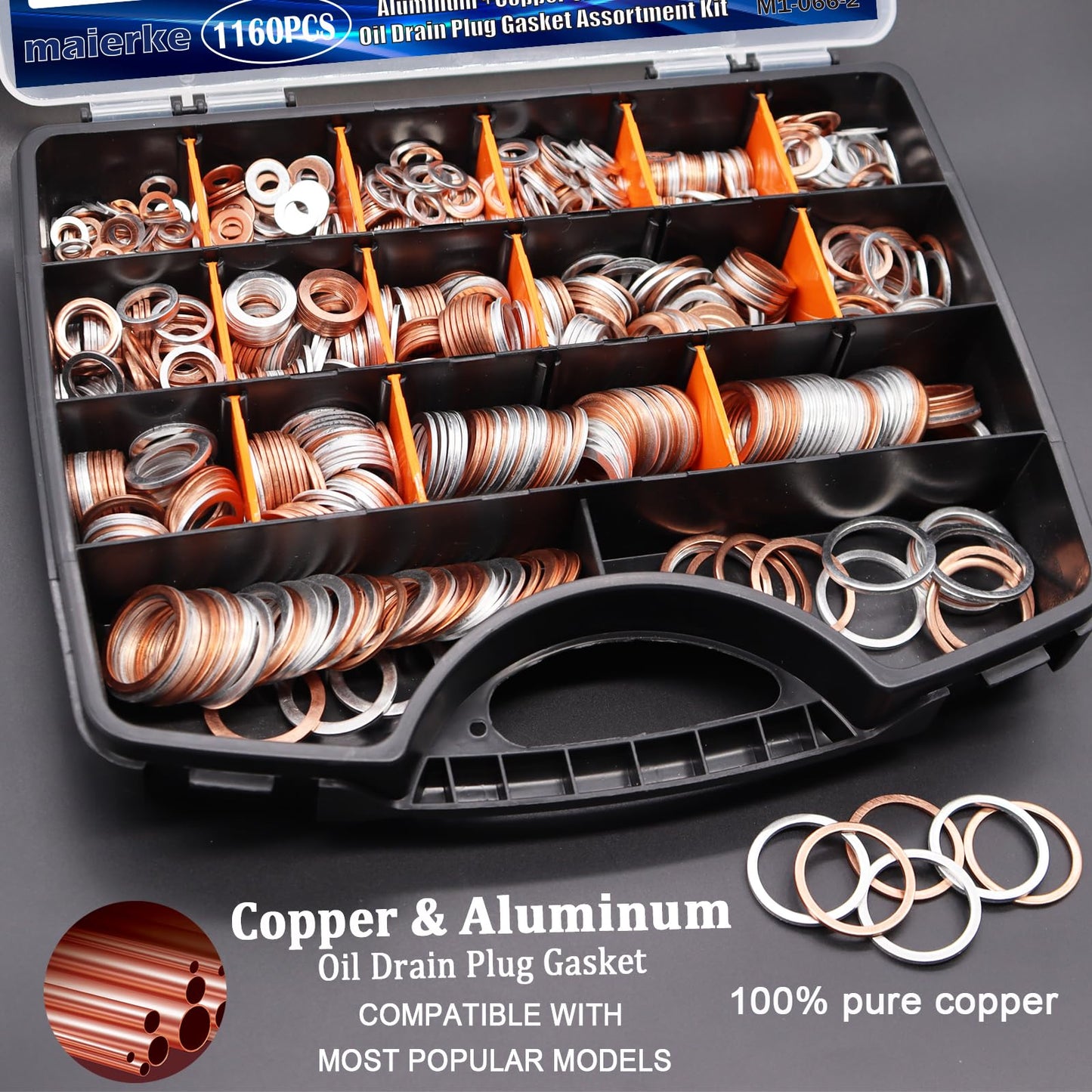 maierke 1160PCS Crush Washer Oil Drain Plug,18 Sizes Copper and Aluminum Oil Drain Plug Gasket Assortment,Automotive Engine Crush Washers (M6 M8 M10 M12 M14 M16 M18 M20 M22 M24)