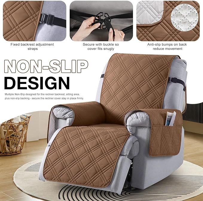 TAOCOCO 100% Waterproof Recliner Chair Cover, Non Slip Recliner Covers for Recliner Chair with Pocket, Washable Reclining Chair Cover Furniture Protector for Kids,Dogs(23.6'', Brown)