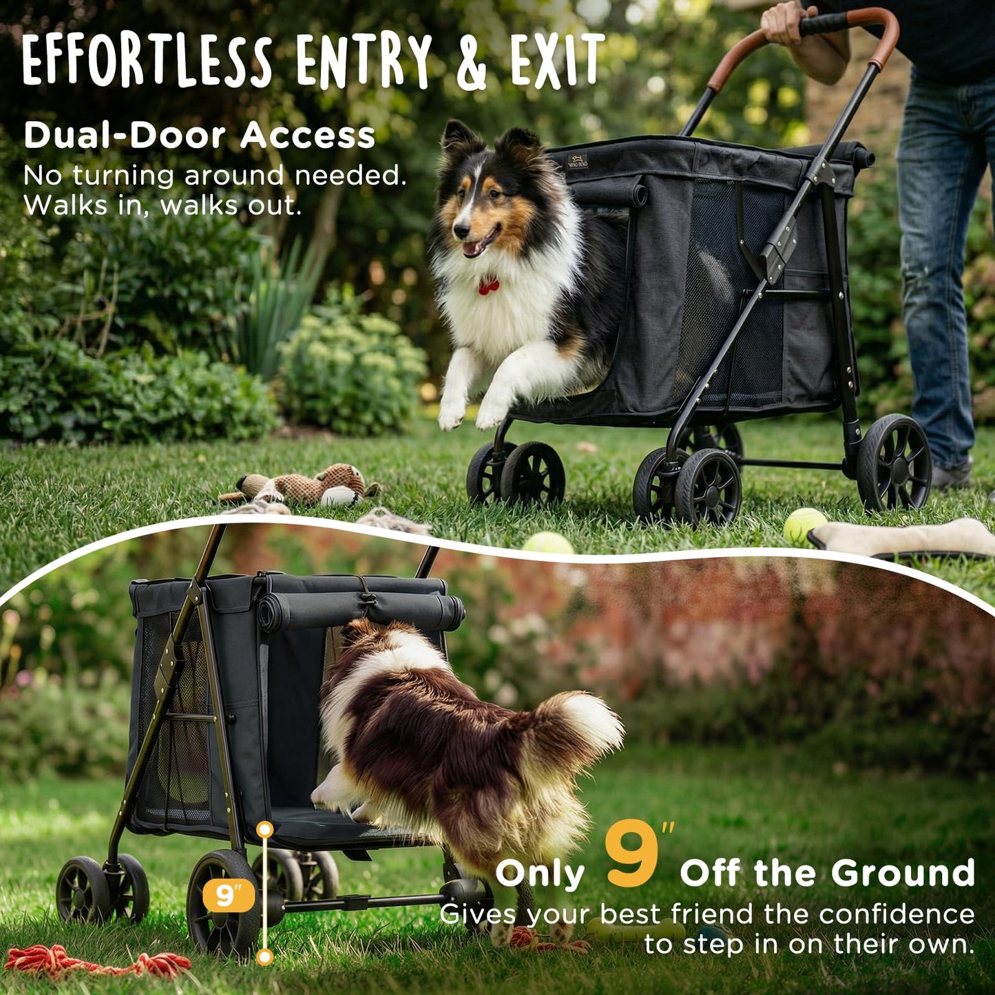 CANINE CANYON Scout Pet Stroller, Heavy Duty Dog Stroller for Large & Medium Dogs, Foldable Pet Stroller for 2 Small Dogs with All-Terrain Wheels, Storage Pocket & Cup Holder, 55 lbs Capacity, Black