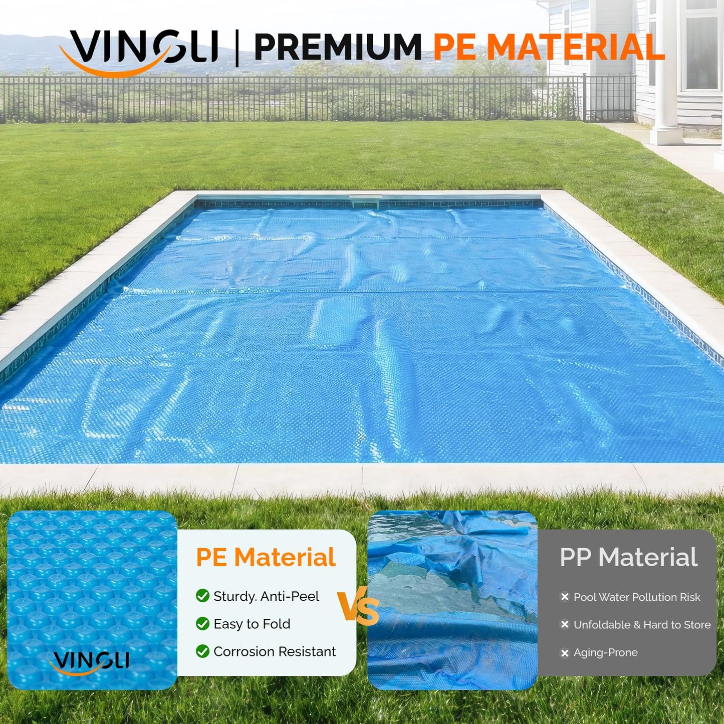 VINGLI 12Mil Solar Pool Cover, Rectangle Solar Blanket-Heavy Duty Solar Pool Cover for Above Ground Pool-Pool Solar Cover for Inground Pool (Blue, 16'x32' Rectangular)