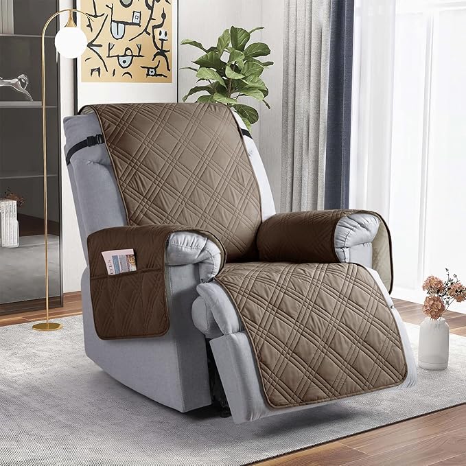 TAOCOCO Waterproof Recliner Chair Covers 30 Inch Wide, Oversized Recliner Covers for Recliner Chair with Pocket, Recliner Slipcovers with Straps Furniture Protector for Kids Pets (30'', Taupe)