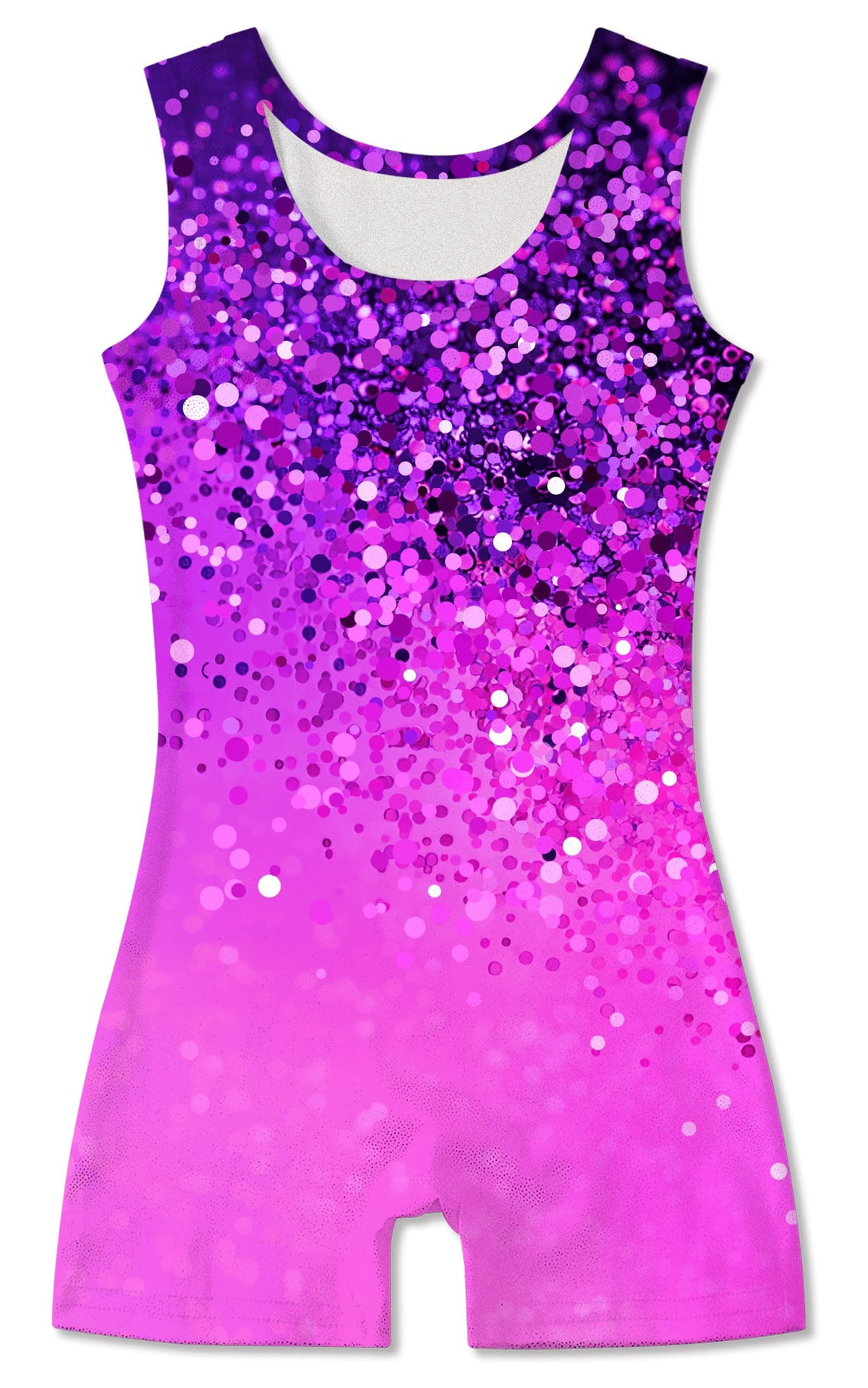 Funnycokid Gymnastics Leotards for Girls Kids Outfits Sparkly Unitards Clothes with Shorts, Diamond Purple Pink Shining, 6-7 Years