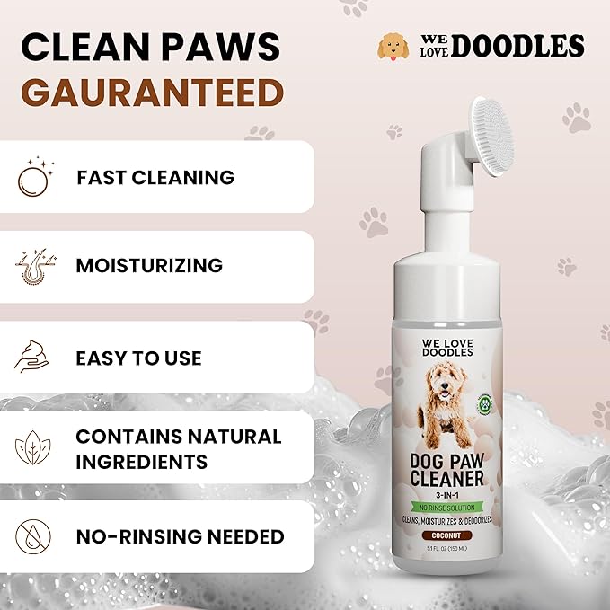 No-Rinse Dog Paw Cleaner with Built-in Silicone Bristle Brush | 3-in-1 Dirty Paw Washer Foaming Foot Cleaner for Muddy Pet Dogs & Cats | Gentle Moisturizing Waterless Shampoo - Coconut | 5 fl oz