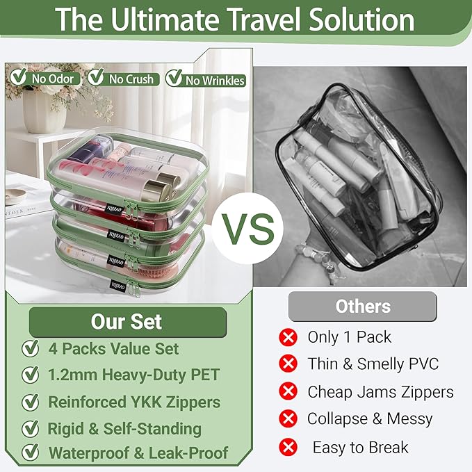 YQBRAO 4-Pack Clear Diaper Bag Organizer Pouches, 1.2mm Ultra-Thick PET Travel Pouches for Toiletries & Makeup, Rigid Self-Standing Bags with YKK Zippers, TSA Approved (Green)