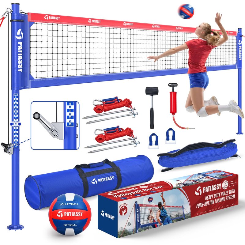Professional Heavy Duty Volleyball Net Set for Backyard & Beach, Outdoor Net System with Steel Anti-Sag Winch, 32FT Reinforced Net, Height Adjustable Rust-Resistant Aluminum Poles, Portable Carry Bag