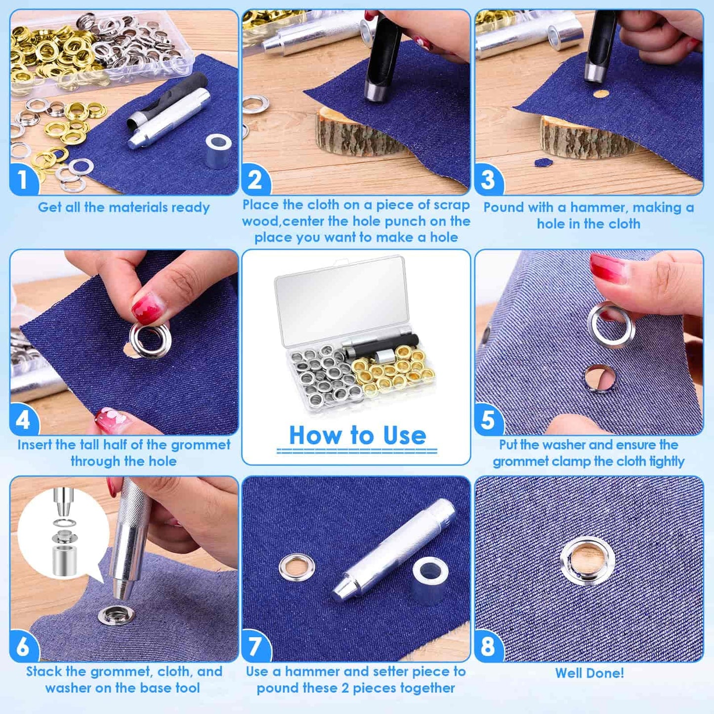 120 Sets Grommet Tool Kit 1/2 Inch, Cridoz Grommet Eyelets Kit with Setting Tools and Storage Box for Fabric, Tarps, Curtains