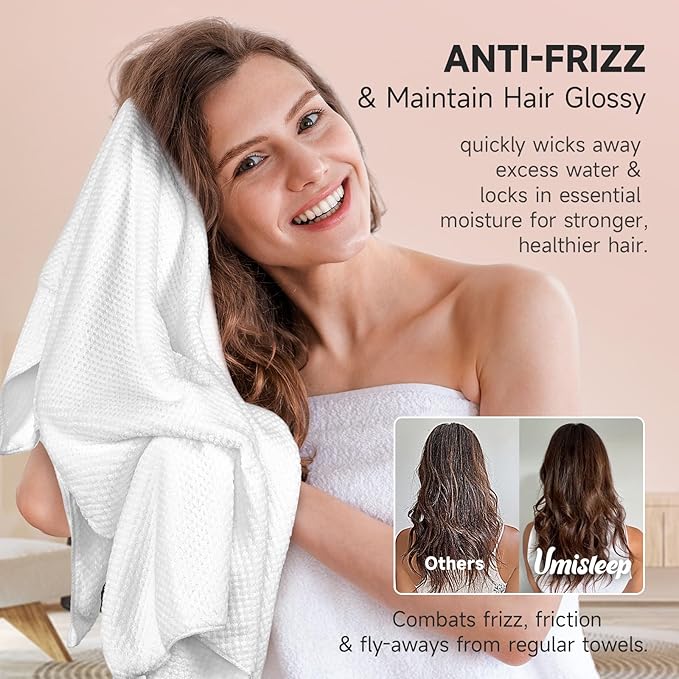 Umisleep Extra Large Microfiber Hair Towel for Women Long, Curly, Thick Hair, Super Soft Anti Frizz Quick Dry Hair Towel Wrap, Ultra Absorbent Hair Turban with Elastic Band White