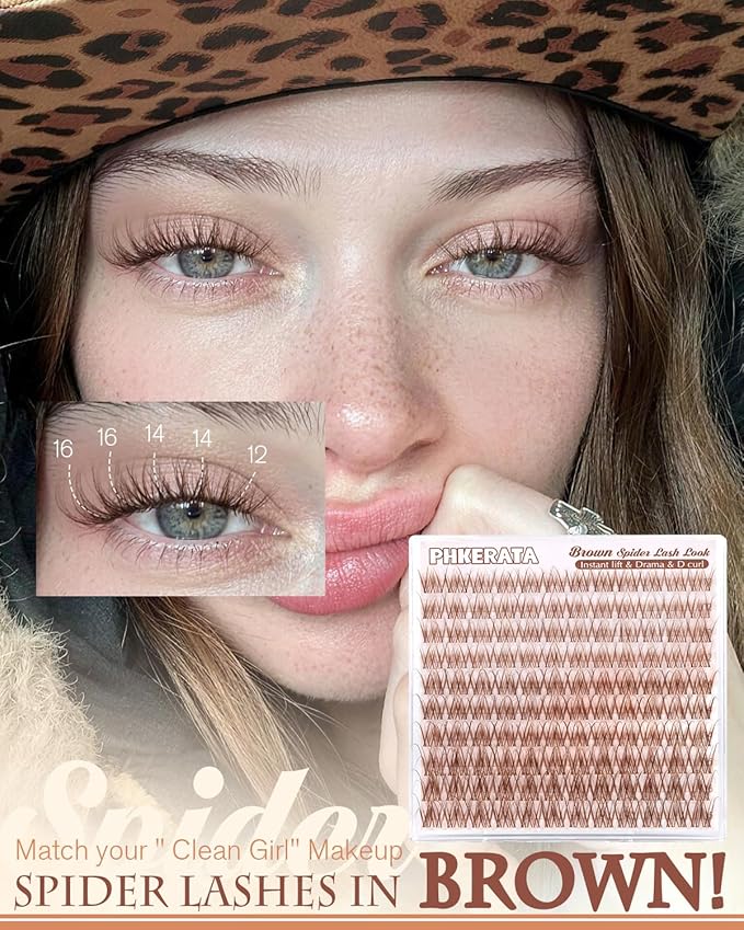 PHKERATA Brown Spider Lash Clusters 12-14-16mm Natural Fluffy Eyelash Clusters, Wispy D Curl Cluster Eyelash Extensions for a Soft Look, DIY Brown Lashes 120pcs