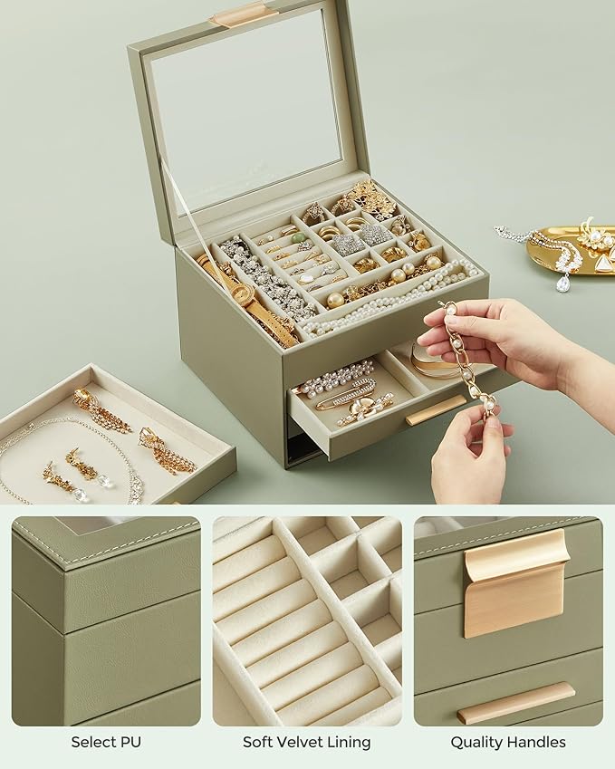 SONGMICS GISELLA Collection - Jewelry Box Organizer, 4-Layer Jewelry Storage with 3 Drawers, Shiny Metal Hardware, Glass Lid, Modern, 8 x 9.1 x 6.5 Inches, Avocado Green and Gold Color UJBC173C02