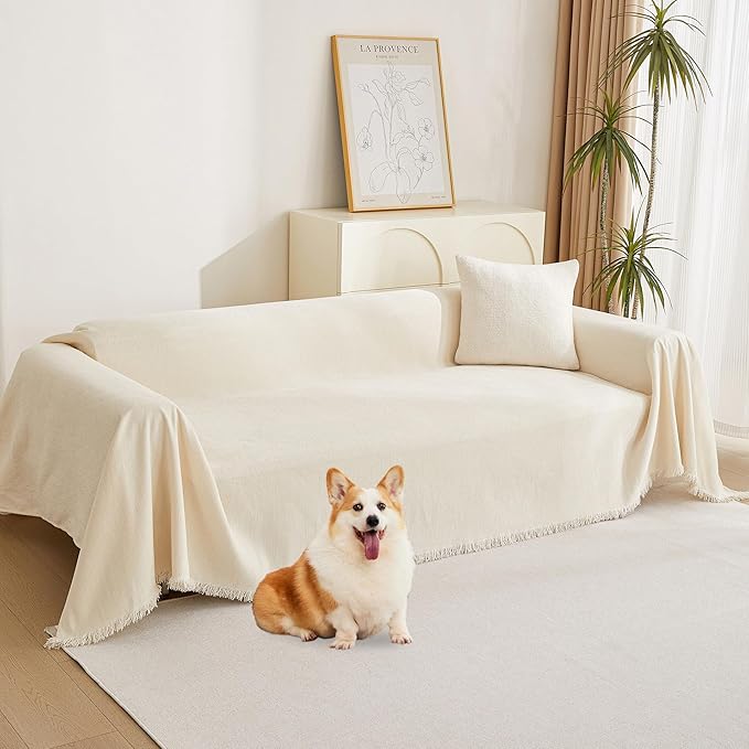 MYSKY HOME Couch Cover for Pets Beige Couch Covers for 3 Cushion Couch Sofa Couch Cover Sectional L Shape Chenille Couch Cushion Covers for Pets, Throw Couch for Dogs, Kids, 71" X150"