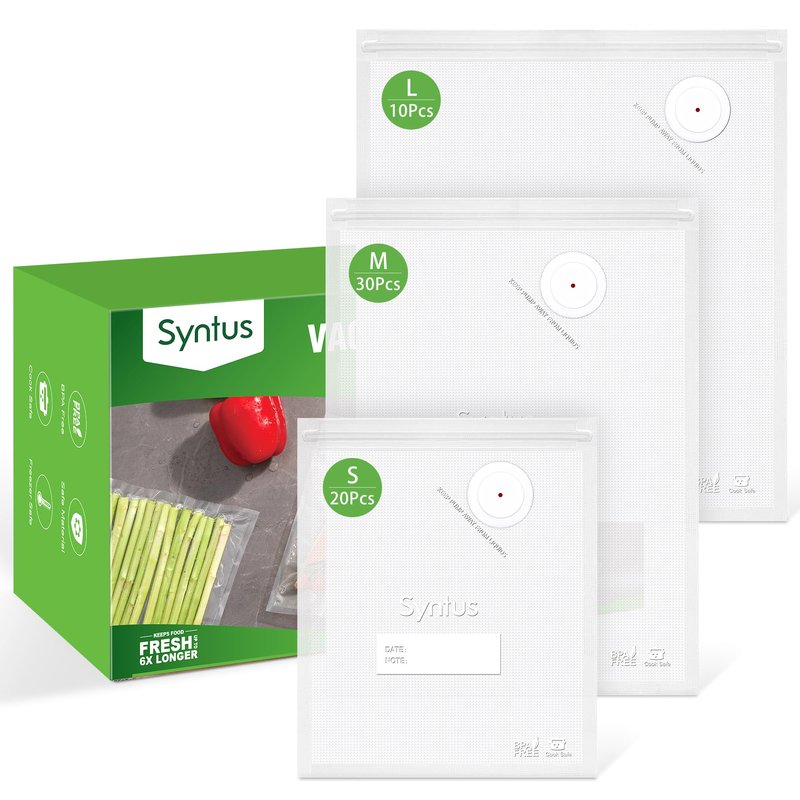 Syntus Vacuum Sealer Bags for Food, 60 Pcs (S+M+L) 8" x 10" and 10" x 13.8" and 11.8" x 13.8" Food Storage Bags for Sous Vide Cooking Microwave Heating, Air Valve Zipper Bags