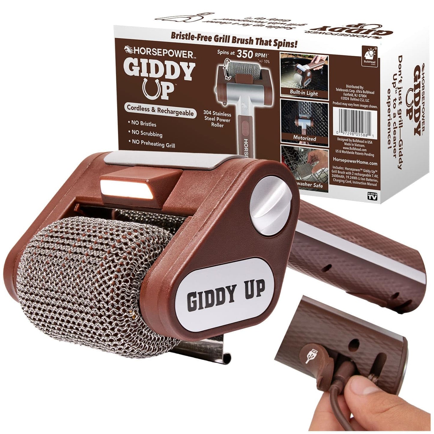 HorsePower Giddy Up Grill Cleaner AS SEEN ON TV! â Cordless, Rechargeable BBQ Tool with 350 RPM Stainless Roller, LED Light â Patents Pending â From BulbHead, a Family-Owned American Brand