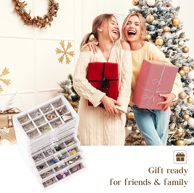 ProCase Earring Holder Organizer Jewelry Box with 8 Drawers, Acrylic Clear Earring Case with Adjustable Velvet Trays for Women - Grey, 8 Layers