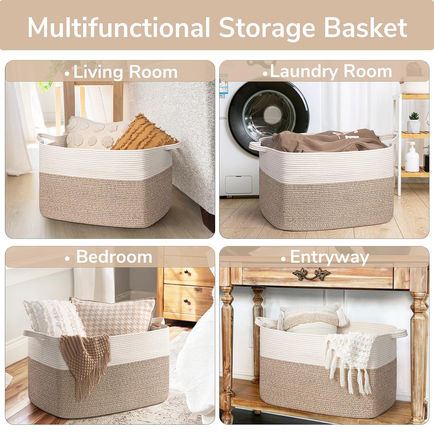 Goodpick Extra Large Woven Blanket Basket, 23.6" x 15.7" x 13.8" Storage Organizer for Blankets, Toys, Dirty Clothes, Rectangle Cotton Rope Basket for Living Room, Nursery, Bedroom