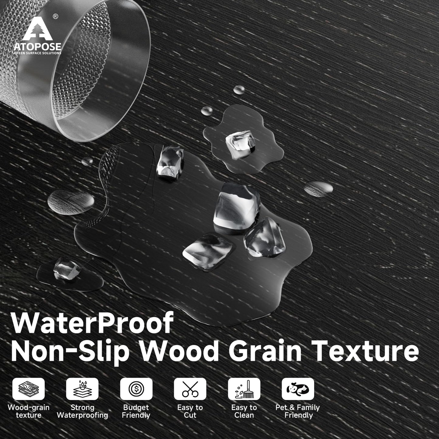 ATOPOSE Black Peel and Stick Floor Tile Waterproof | 36 - Pack 54Sq.Ft | Wood Vinyl Flooring - Nero | Easy DIY Installation for Living Room Kitchen Tool Storage Rental Friendly Basement