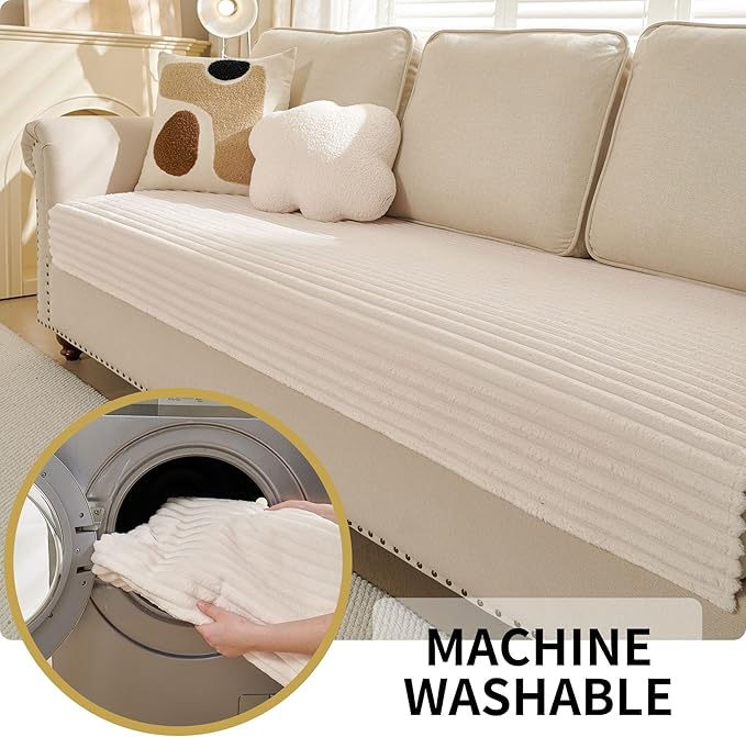 HAOMAIJIA Waterproof Couch Cover for Dogs Washable,Faux Fur Pet Couch Covers for Sofa,Soft Dog Bed Cover Non-Slip Couch Covers for 3 Cushion Couch Sofa Pet Friendly (Off White, 35" x 95" 1 Pack)