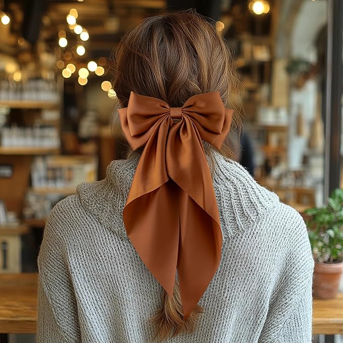 6Pcs Large Bows Hair Clips for Women Girls Long Tail Hair Ribbon Silky Satin Barrettes Coquette Bows Accessories (Black/khaki/Brown/White)