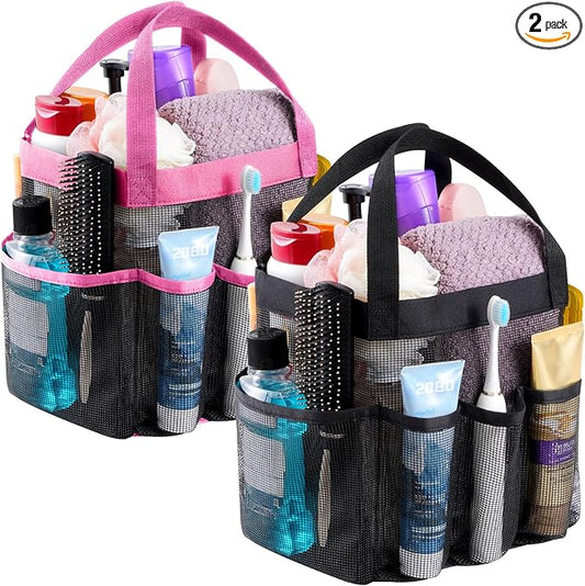 Lifewit Mesh Shower Caddy 2 Packs, Freestanding Portable Shower Tote Bag for Dorm, Bathroom, Gym, Travel, Quick Dry Hanging Organizer with 7 Storage Pockets for Toiletry Essentials, Black&Pink